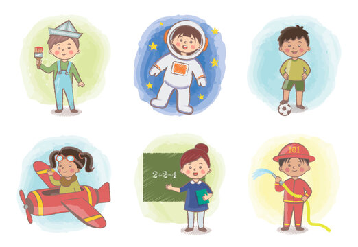 Kids Vector Characters Collection. Painter, astronaut, sportsman, pilot, teacher and fireman. Young kids boys and girls of different professions set. Cute kids in various professions set. Hand drawn.