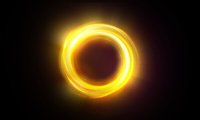 Magic circle light effect. Bright sphere lens. Rotating lines. Glow ring. Magic neon ball. Led blurred swirl. Spiral glint lines. HUD.