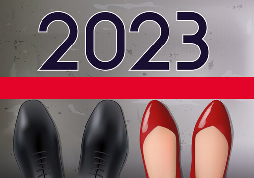 Concept de carte de vœux 2023 pour la lutte contre la discrimination entre les sexes, avec pour symbole les pieds d’un homme et d’une femme sur la ligne de départ d’une course.