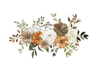 Watercolor fall floral bouquet illustration, isolated on white background. Botanical painting.