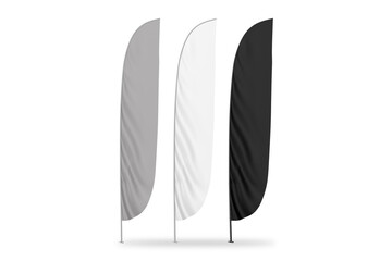 Black, white and grey feather flags banners mockup isolated on white background. 3d rendering.