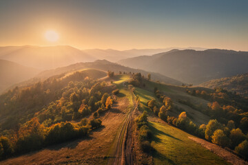 Aerial view of beautiful hills, forest and mountains in fog at sunset in autumn in Ukraine. Colorful landscape with woods in fog, meadows, golden sunlight, trees in fall. Nature. Top view from drone