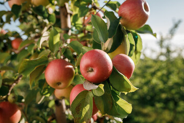 Many colorful red ripe juicy apples on a branch in the garden ready for harvest in autumn. Apple orchard