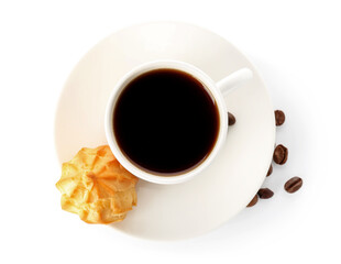 Cup of coffee and tasty eclair on white background