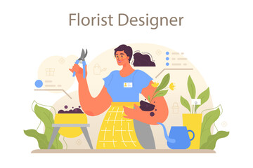 Florist concept. Floral designer growing plants, making or arranging