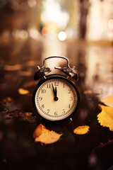 Black alarm clock on colorful maple leaves background. Closeup. Time change concept.