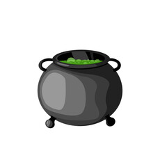 Witchs iron round cauldron with magic green potion with bubbles. Vector illustration