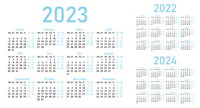 Calendars in German for 2022, 2023, 2024 on a white background. Calendar grids, pocket calendar. Vector illustration. The week starts on Monday. Vector illustration.