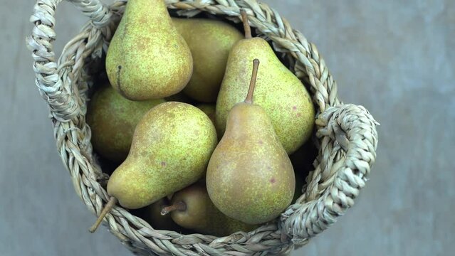Pears in basket on a wooden background. Fruit harvest. Autumn still life. Pear variety Bera Conference. Vitamin food.