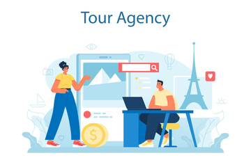 Fototapeta na wymiar Travel agent concept. Tourism specialist selling tour, cruise, airway