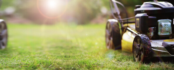 Lawn mower cut grass. Garden work. Electric Rotary lawn mower machine. Panorama, banner - obrazy, fototapety, plakaty