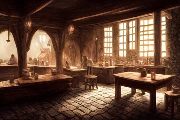 Fotobehang Hyper-realistic illustration of a dark moody medieval tavern inn interior © Dominik Guzei/Wirestock Creators
