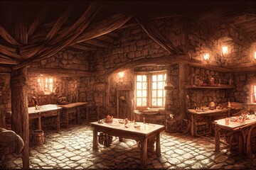Hyper-realistic illustration of a dark moody medieval tavern inn interior
