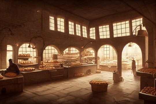 3D rendering of interior of medieval bakery