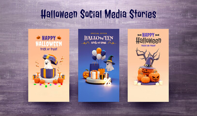 Halloween vertical social media stories or post collection with text, cute stuff and copy space in 3D illustration