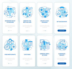 Usability test plan blue onboarding mobile app screen set. Evaluation walkthrough 4 steps editable graphic instructions with linear concepts. UI, UX, GUI template. Myriad Pro-Bold, Regular fonts used