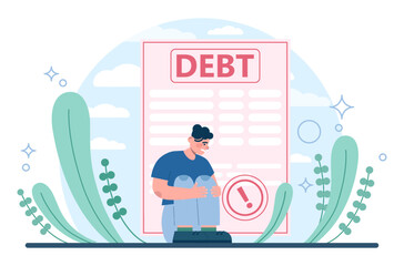 Debt concept. Character with a loan liability. Problem with finance