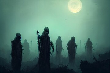 Illustration of a group of many fierce zombies prepared to attack - obrazy, fototapety, plakaty