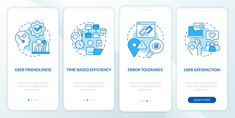 Usability testing measurement blue onboarding mobile app screen. Walkthrough 4 steps editable graphic instructions with linear concepts. UI, UX, GUI template. Myriad Pro-Bold, Regular fonts used