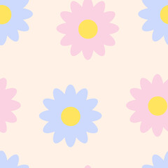 Seamless floral pattern with blue and pink chamomile flowers on a beige background.