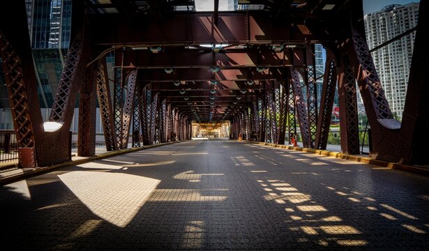 Long Stone Floor Under The Train Railway Bridge In Chicago City With Sunlight