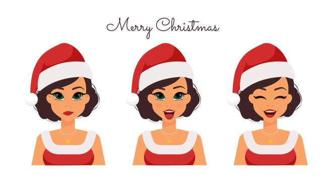 Isolated woman in Christmas Santa's hat and different emotions - vector, illustration