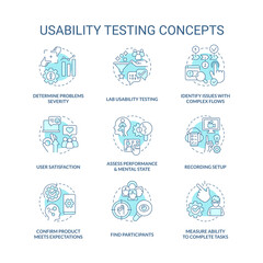 Usability testing turquoise concept icons set. Conduct user experience research design idea thin line color illustrations. Isolated symbols. Editable stroke. Roboto-Medium, Myriad Pro-Bold fonts used