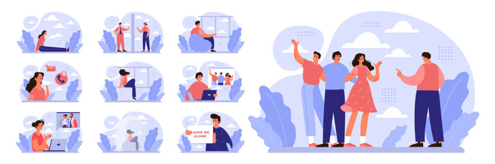 Loneliness concept set. Unhappy person left alone. Character suffering