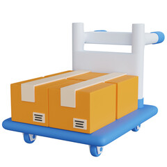 3d rendering blue trolley with four delivery boxes isolated
