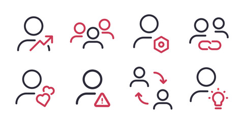 Linear vector account management and actions with profiles icon set. Work with your profile and other people online concept icon design.
