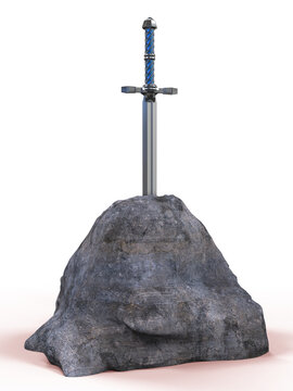 Shining in the dark sword excalibur King Arthur stuck in the rock stone in misterious forest render. metaphor of candidate applicant test, fight for good on transparent 