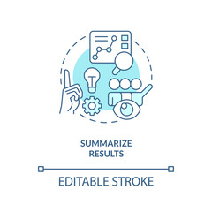 Summarize results turquoise concept icon. Conclude research. Sum up and analyze abstract idea thin line illustration. Isolated outline drawing. Editable stroke. Arial, Myriad Pro-Bold fonts used