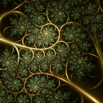 Abstract Kleinian fractal art of infinite glowing spirals, perhaps like an unfurling fern frond.