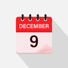 December 9, Calendar icon with shadow. Day, month. Flat vector illustration.