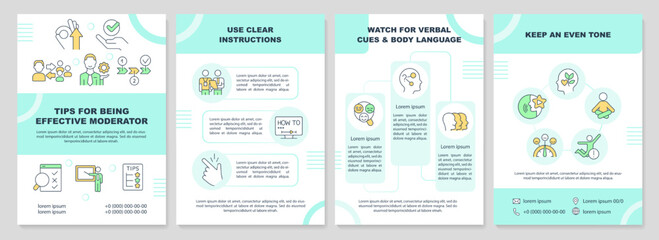 Tips for being effective moderator turquoise brochure template. Leaflet design with linear icons. Editable 4 vector layouts for presentation, annual reports. Arial-Black, Myriad Pro-Regular fonts used - obrazy, fototapety, plakaty