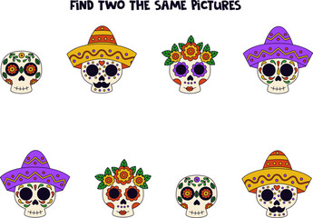 Find two the same skulls. Educational logical game for kids.