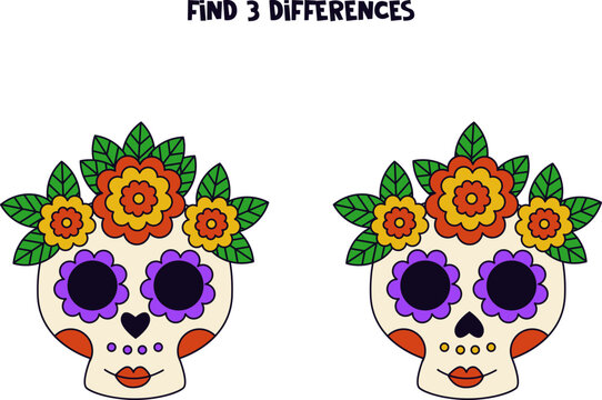 Find three differences between two skulls with flowers.