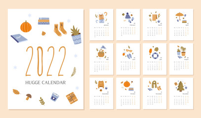 Fototapeta na wymiar Soft colored hugge illustration calendar 2022 template in vector