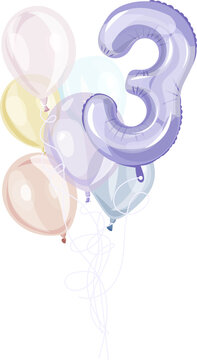 Rainbow birthday decoration set. Number Three. Girl or boy third birthday pastel transparent, foil balloons. celebration, event, congratulations concept. Vector illustration.