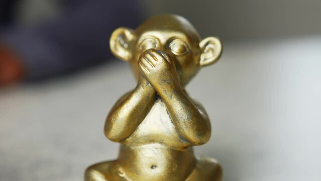 Of Iwazaru monkey statue who speaks no evil and a gesticulating man in the background