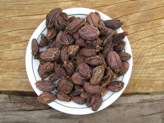 Black cardamom in a plate 
