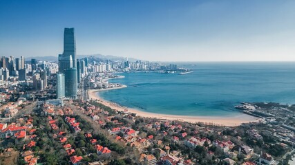 Aerial view of the skyline on the shore of Qingdao, Shandong Province, China - obrazy, fototapety, plakaty