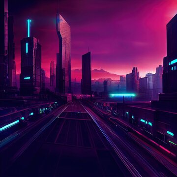 Illustration of a futuristic metropolis cityscape in neon lights