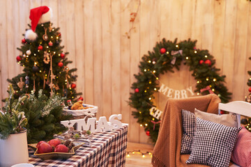 New Year and Christmas backyard decorations. Christmas tree, wreath and gifts