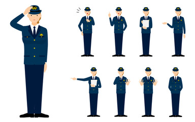シニア女性警官のポーズセット9点、敬礼や制止、取り締まりなど