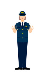 若い女性警官のポーズ、両手を前に出して制止する