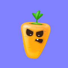 Cute smiling carrot isolated on violet background. Funky Emoji carrot. Smile vegetable sticker with emotions.