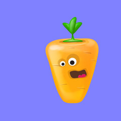 Cute smiling carrot isolated on violet background. Funky Emoji carrot. Smile vegetable sticker with emotions.