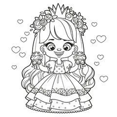Cute long haired cartoon princess girl with delicious cupcakes outlined for coloring page on white background