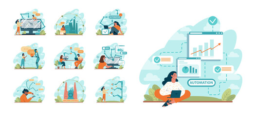 Automation concept set. Automated systems or AI working for manufacturing